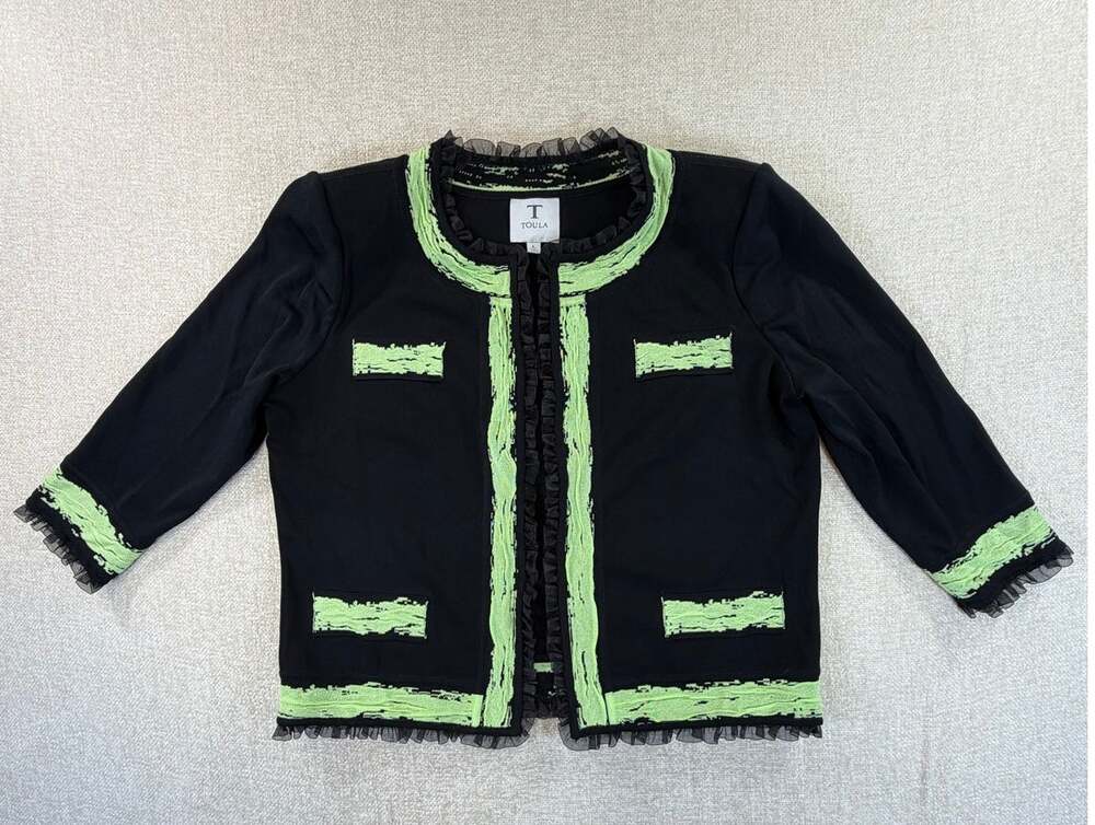 Toula Women Large Black Green Knit 3/4 Sleeve Open Front Office Blazer Jacket